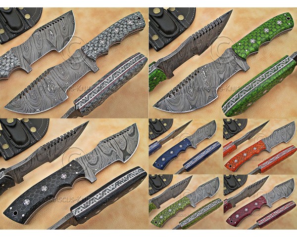 Lot of 7 Personalized Handmade Damascus Steel Arts and Crafts Hunting and Survival Tracker Knife