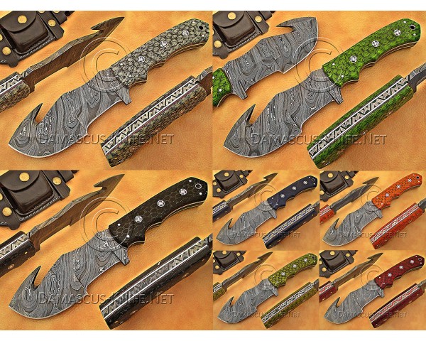Lot of 7 Personalized Handmade Damascus Steel Gut Hook Arts and Crafts Hunting and Survival Tracker Knife