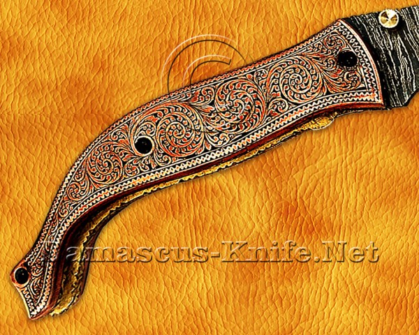 Personalized Hand Engraved Damascus Steel Arts and Crafts Pocket Folding Knife Copper Handle