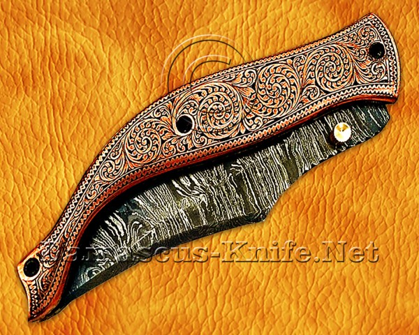 Personalized Hand Engraved Damascus Steel Arts and Crafts Pocket Folding Knife Copper Handle