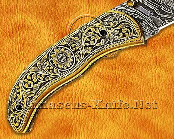 Personalized Hand Engraved Damascus Steel Arts and Crafts Pocket Folding Knife Brass Handle