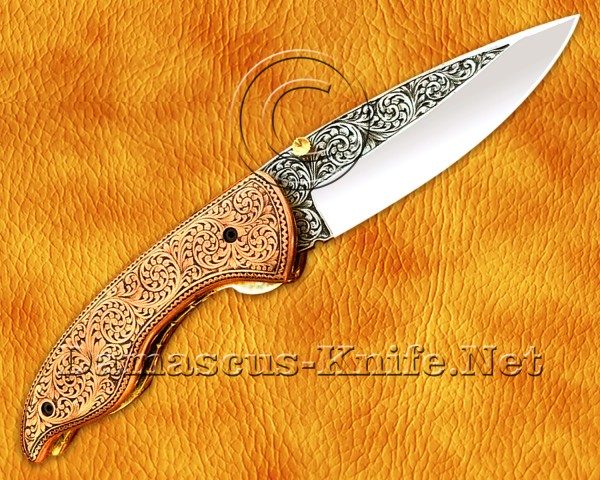 Personalized Hand Engraved Stainless Steel Arts and Crafts Pocket Folding Knife Copper Handle
