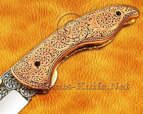 Personalized Hand Engraved Stainless Steel Arts and Crafts Pocket Folding Knife Copper Handle