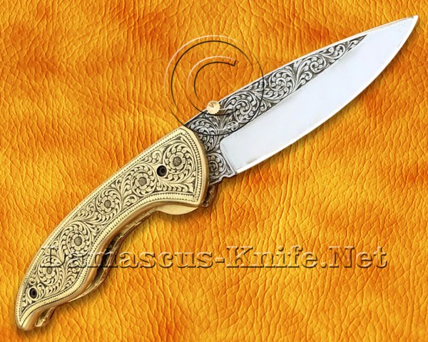 Personalized Hand Engraved Stainless Steel Arts and Crafts Pocket Folding Knife Brass Handle