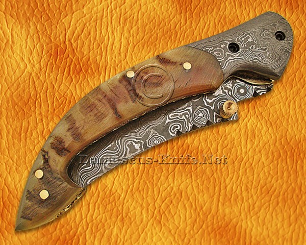 Personalized Handmade Damascus Steel Arts and Crafts Pocket Folding Knife Ram Horn Handle