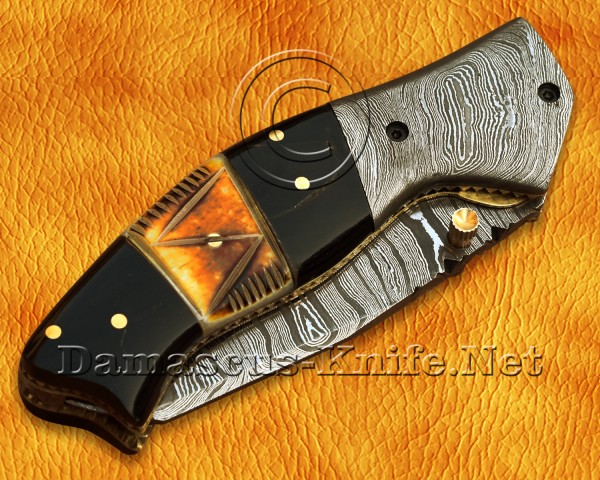 Personalized Handmade Damascus Steel Arts and Crafts Pocket Folding Knife Bull Horn Handle