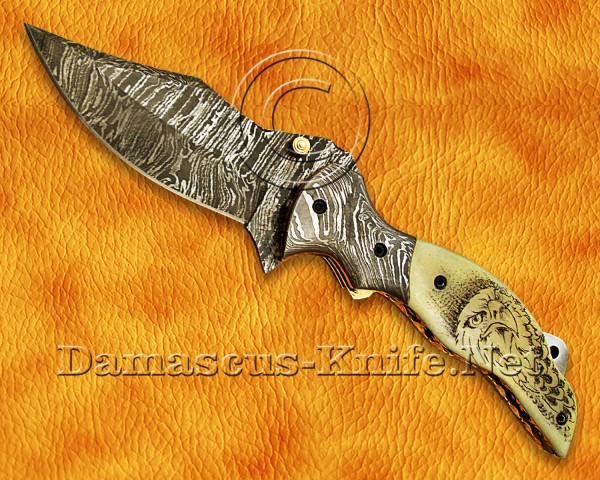 Personalized Scrimshaw Handmade Damascus Steel Arts and Crafts Pocket Folding Knife Bone Handle