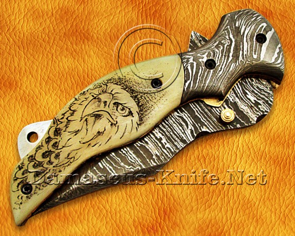 Personalized Scrimshaw Handmade Damascus Steel Arts and Crafts Pocket Folding Knife Bone Handle
