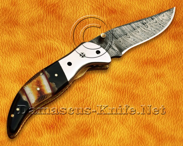 Personalized Handmade Damascus Steel Arts and Crafts Pocket Folding Knife Horn and Bone Handle