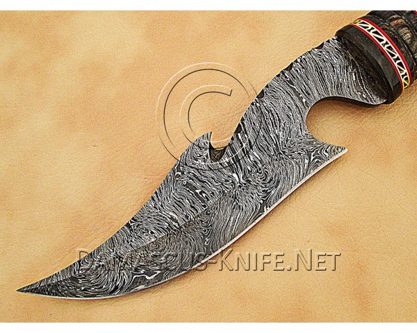 Personalized Handmade Damascus Steel Arts and Crafts Hunting and Survival Gut Hook Bowie Knife Horn Handle