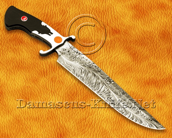Personalized Handmade Damascus Steel Hunting and Survival Bowie Craft Knife Wolf Crafting Handle