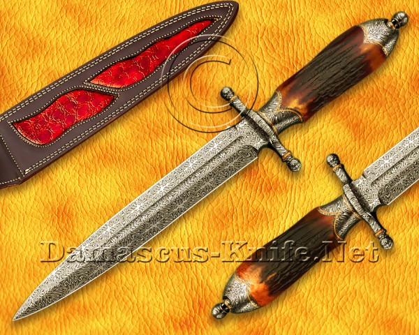 Custom Damascus Steel Mosaic Blade Handmade Hunting and Survival Dagger Knife Stag Handle
