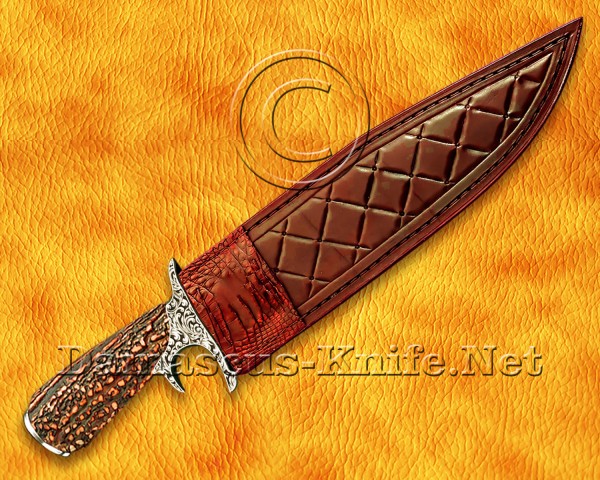 Custom Damascus Steel Mosaic Blade Hand Engraved Hunting and Survival Bowie Knife Stag Handle