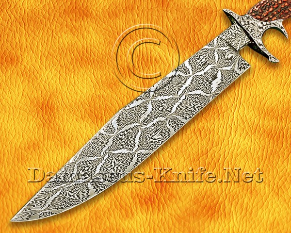Custom Damascus Steel Mosaic Blade Hand Engraved Hunting and Survival Bowie Knife Stag Handle
