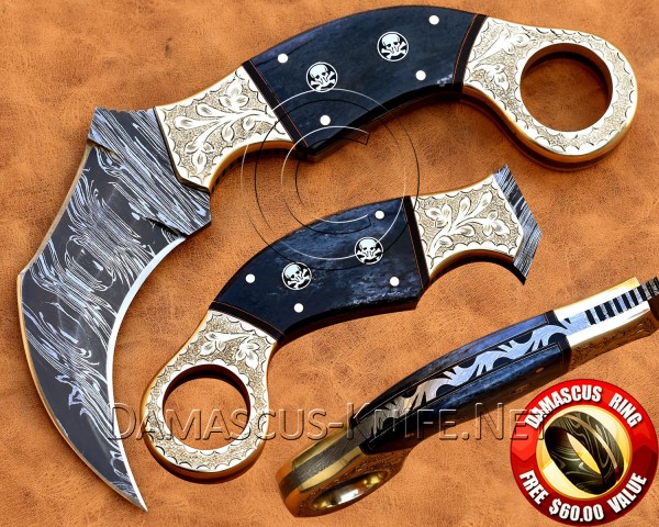 Personalized Handmade Damascus Steel Arts and Crafts Hunting and Survival Karambit Knife Bone Handle