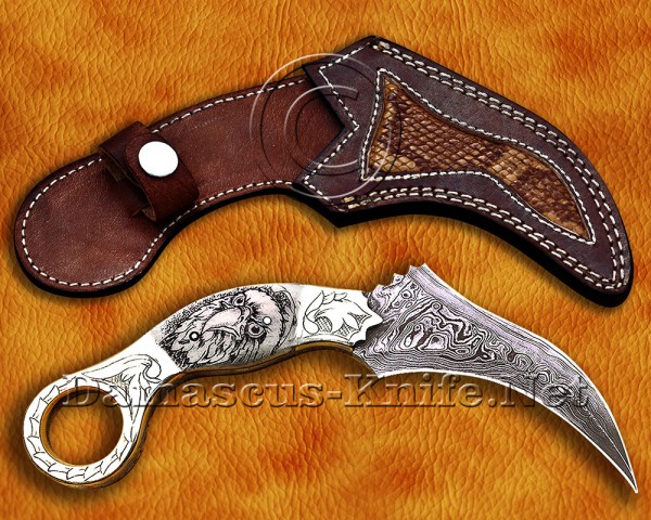 Personalized Scrimshaw Handmade Damascus Steel Arts and Crafts Hunting and Survival Karambit Knife