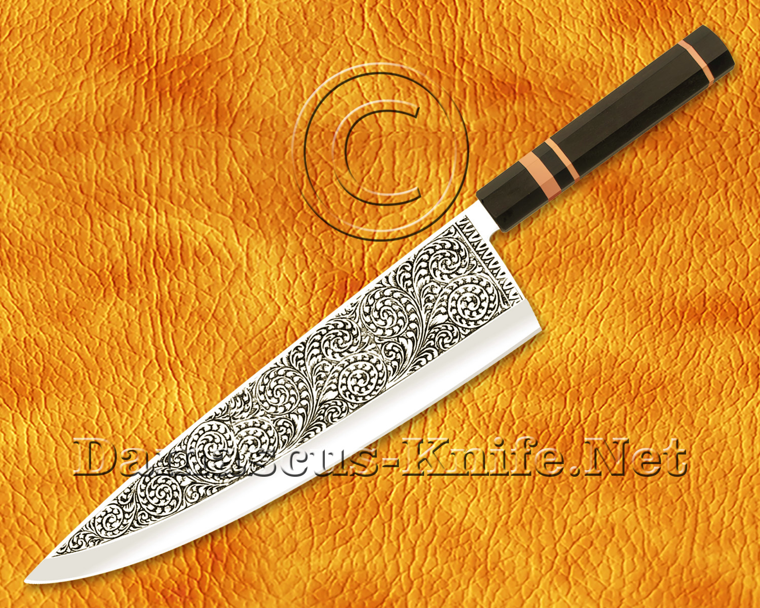 9" Hand Engraved Gyuto Kitchen Knife - Ebony & Copper CK681