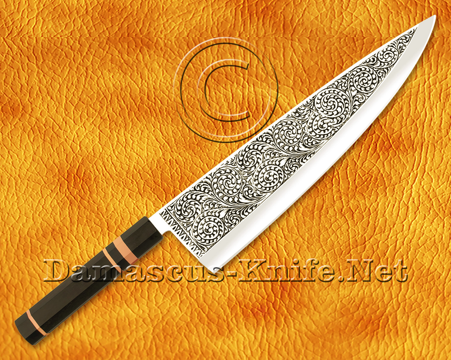 9" Hand Engraved Gyuto Kitchen Knife - Ebony & Copper CK681