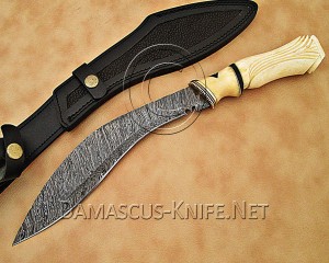 15" Damascus Curved Artisan Kitchen Knife - Carved Bone CK900