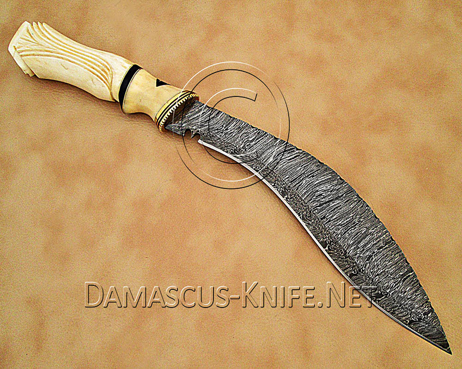 15" Damascus Curved Artisan Kitchen Knife - Carved Bone CK900