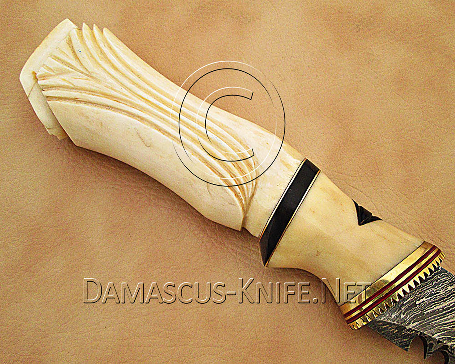 15" Damascus Curved Artisan Kitchen Knife - Carved Bone CK900