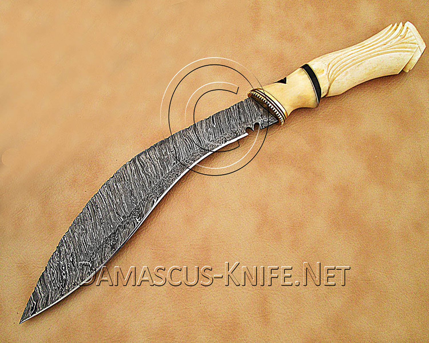 15" Damascus Curved Artisan Kitchen Knife - Carved Bone CK900