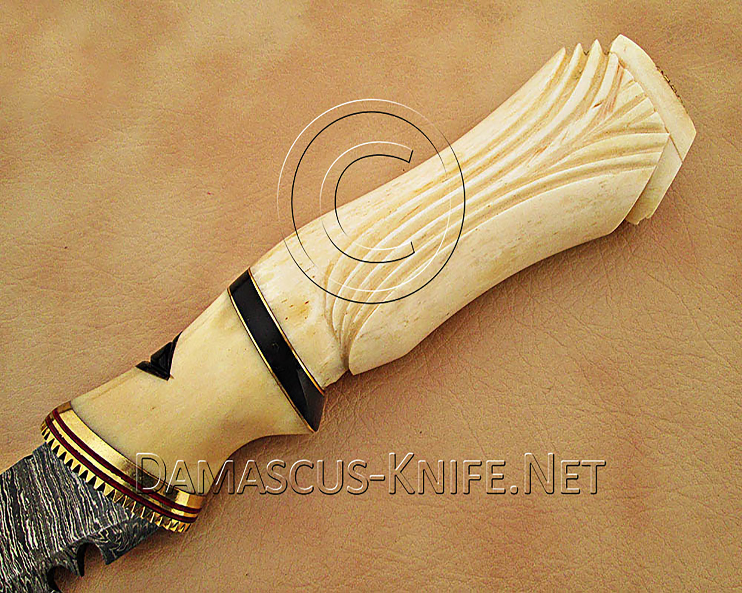 15" Damascus Curved Artisan Kitchen Knife - Carved Bone CK900