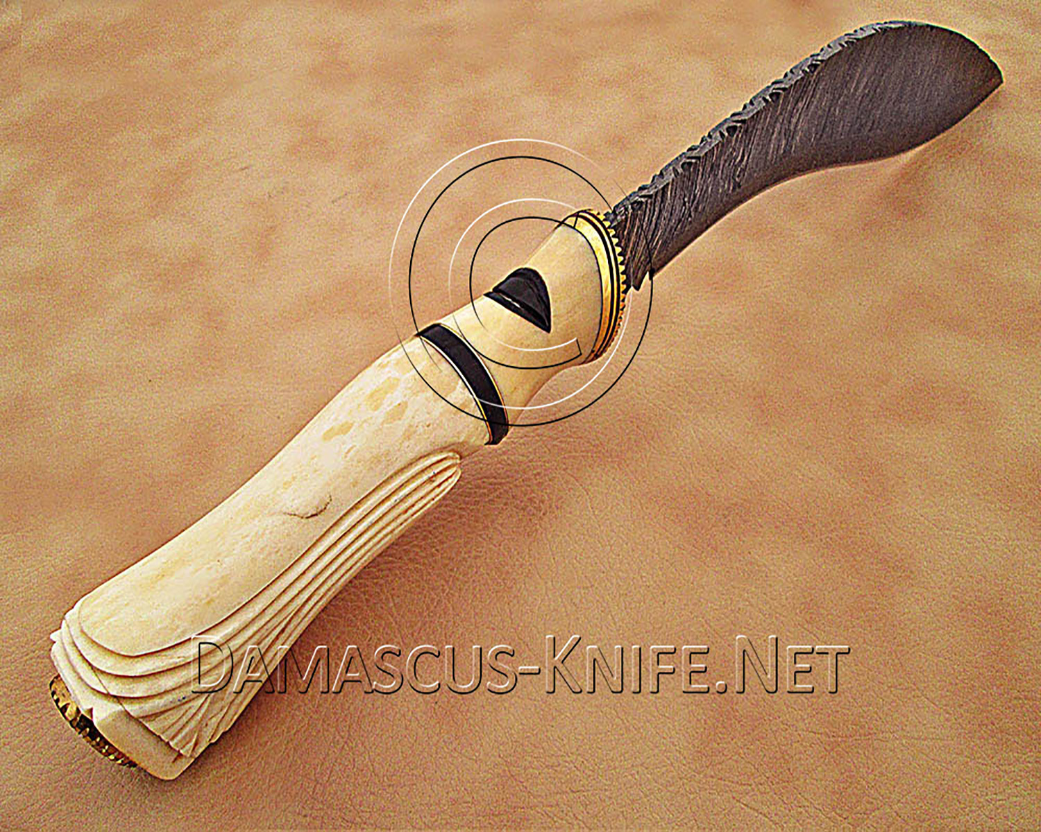 15" Damascus Curved Artisan Kitchen Knife - Carved Bone CK900