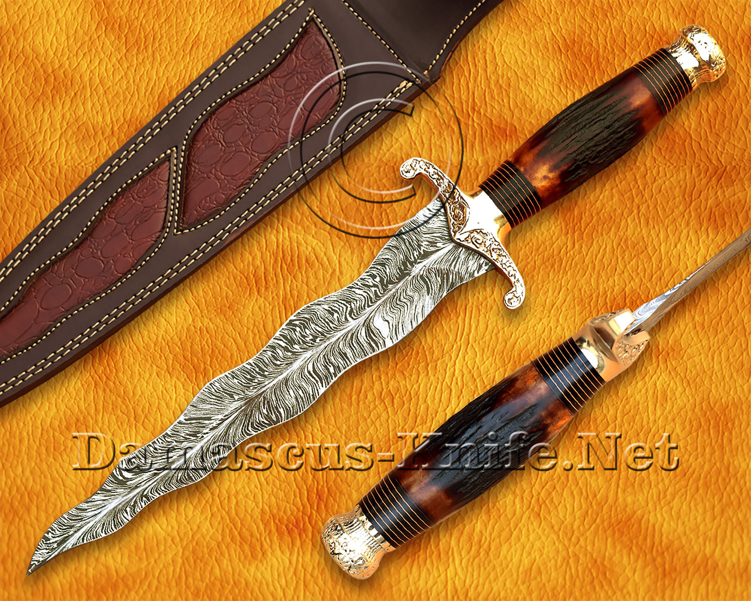 18" Damascus Feather Curved Kitchen Knife - Stag & Brass CK913