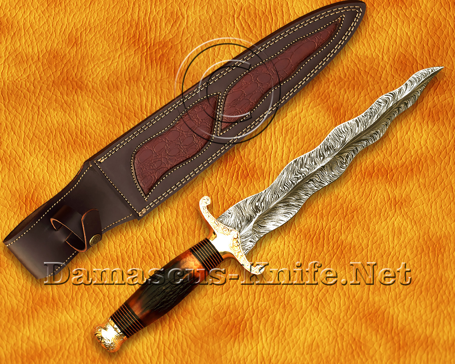 18" Damascus Feather Curved Kitchen Knife - Stag & Brass CK913
