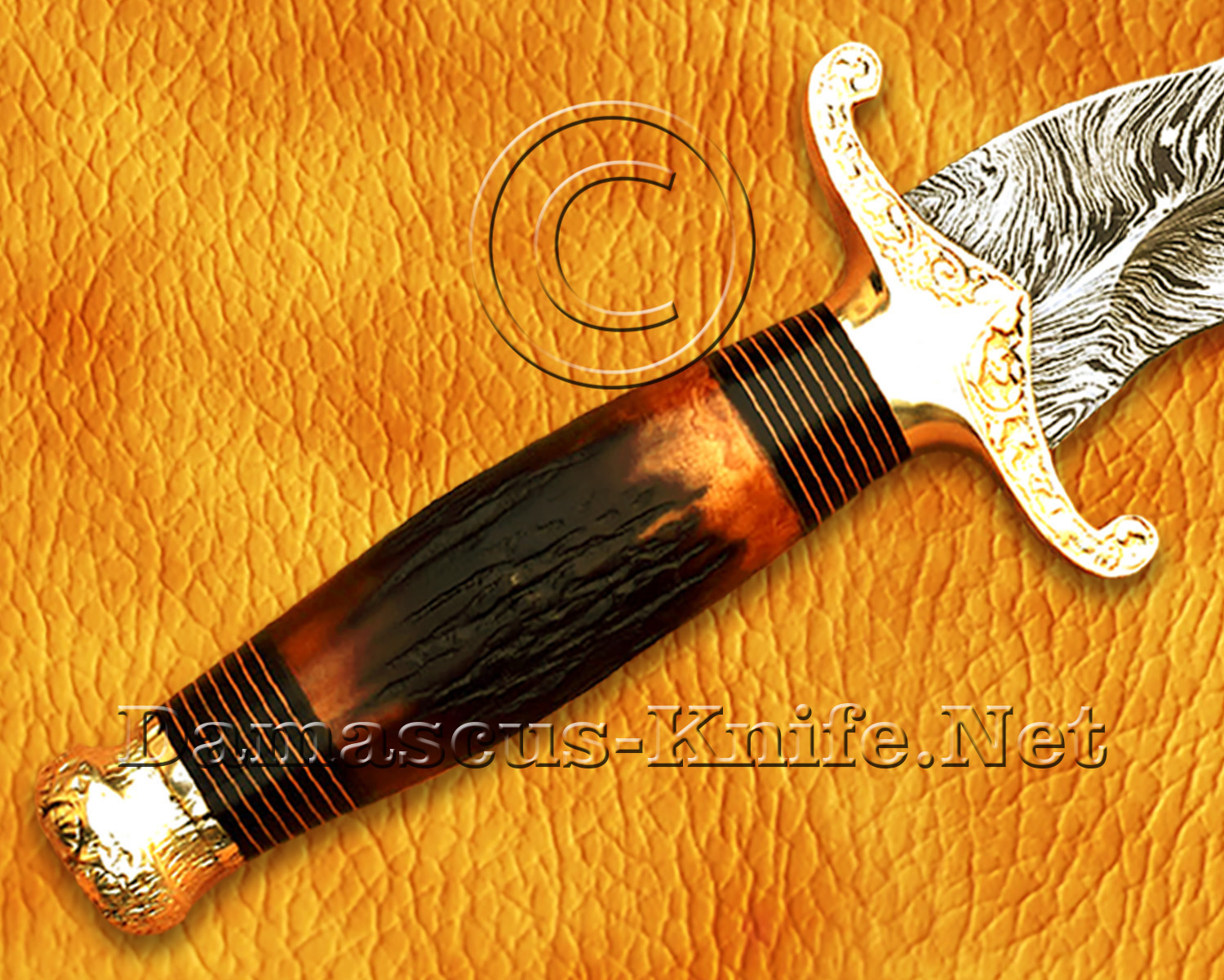 18" Damascus Feather Curved Kitchen Knife - Stag & Brass CK913