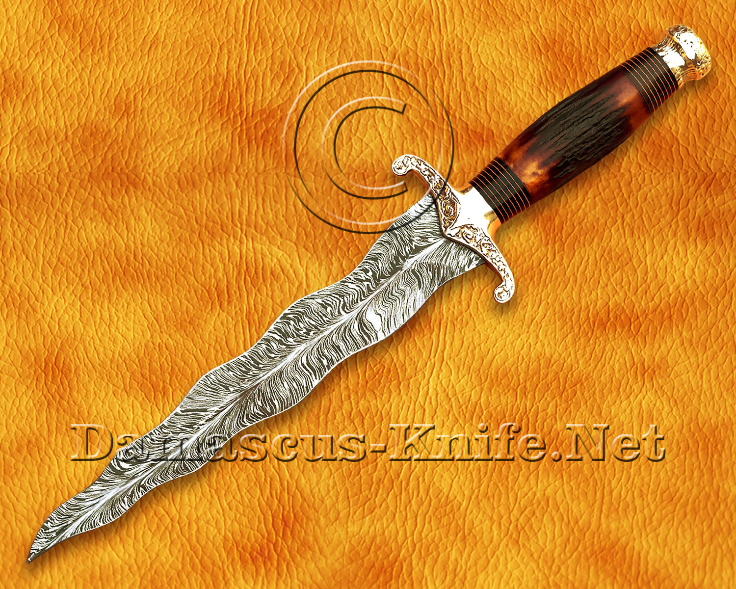 18" Damascus Feather Curved Kitchen Knife - Stag & Brass CK913