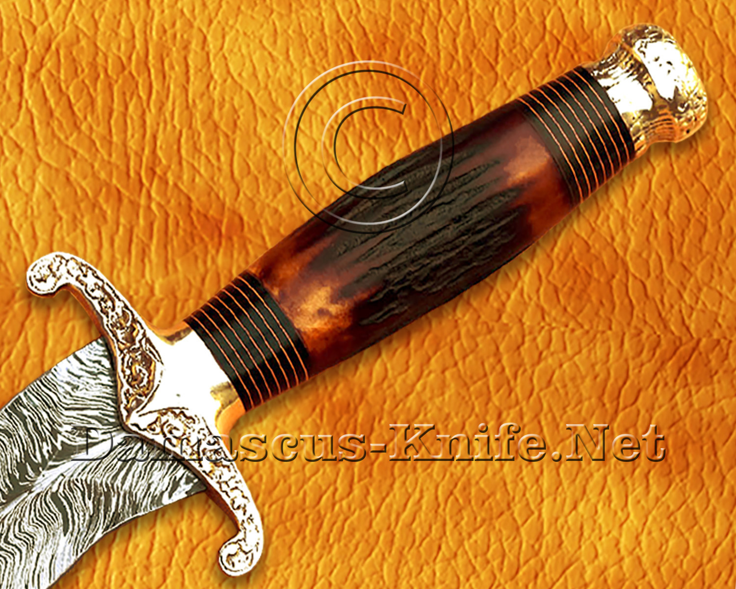 18" Damascus Feather Curved Kitchen Knife - Stag & Brass CK913