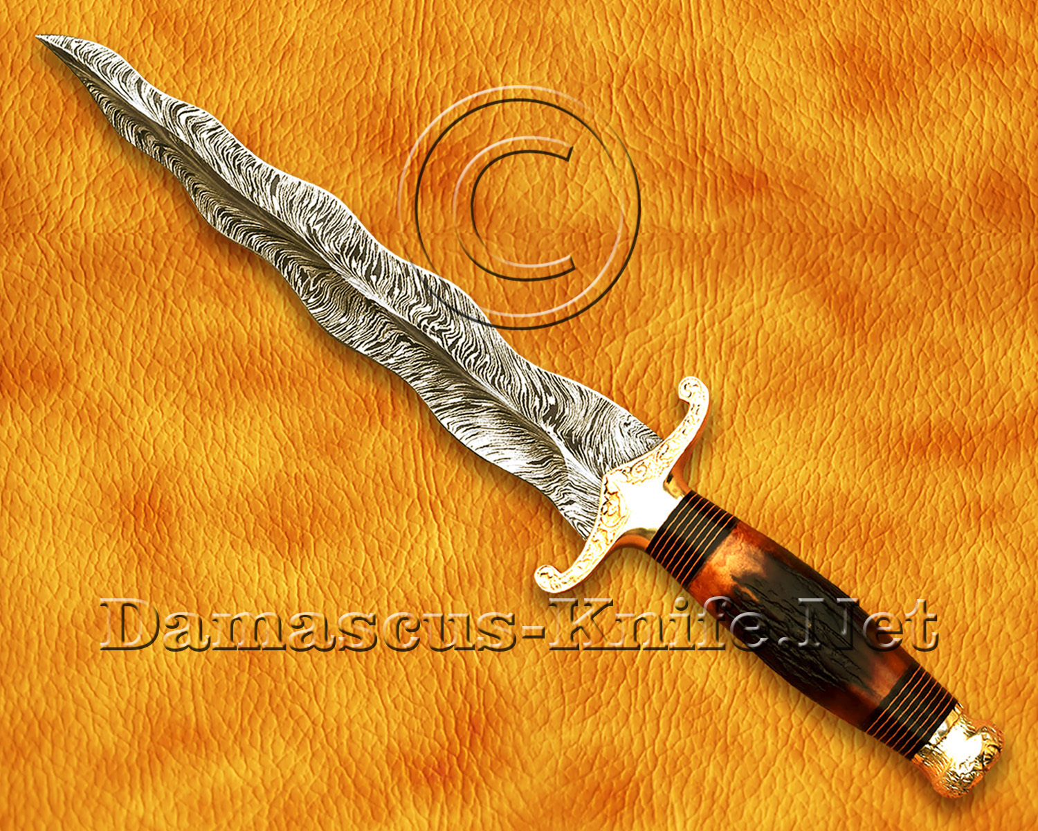 18" Damascus Feather Curved Kitchen Knife - Stag & Brass CK913