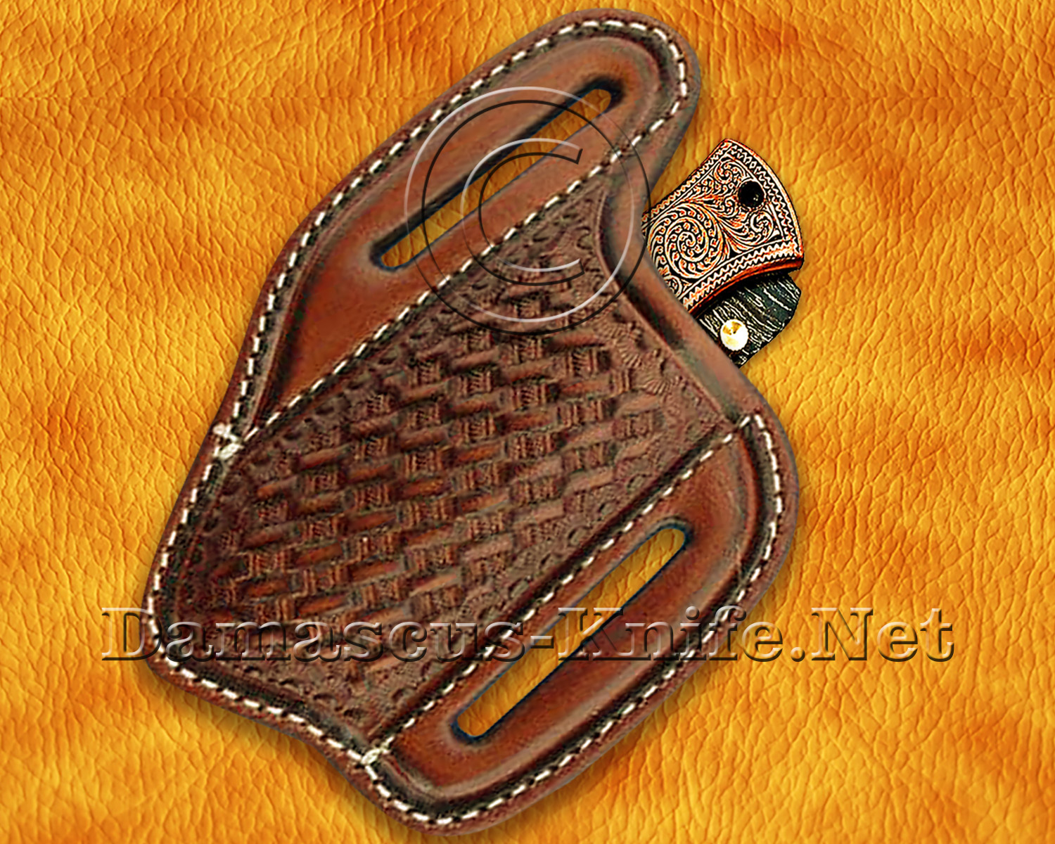 Hand Engraved Damascus Folding Artisan Tool - Copper Handle - FK750 Hand Engraved Damascus Folding Artisan Tool - Copper Handle - FK750
