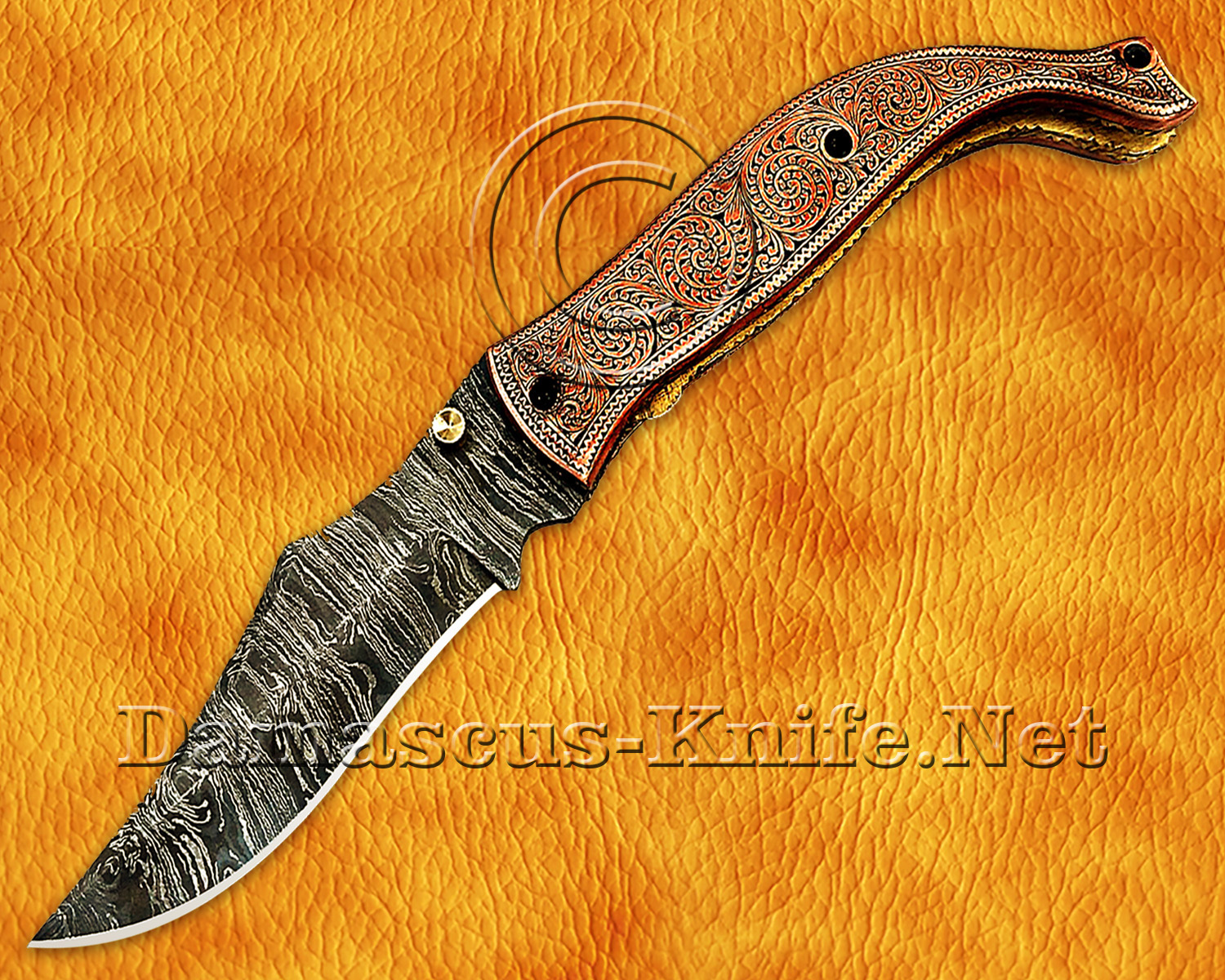 Hand Engraved Damascus Folding Artisan Tool - Copper Handle - FK750 Hand Engraved Damascus Folding Artisan Tool - Copper Handle - FK750