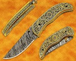 Hand Engraved Damascus Folding Kitchen Knife - Brass Handle FK751