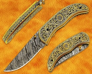 Hand Engraved Damascus Folding Kitchen Knife - Brass Handle FK751