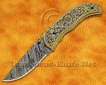 Hand Engraved Damascus Folding Kitchen Knife - Brass Handle FK751
