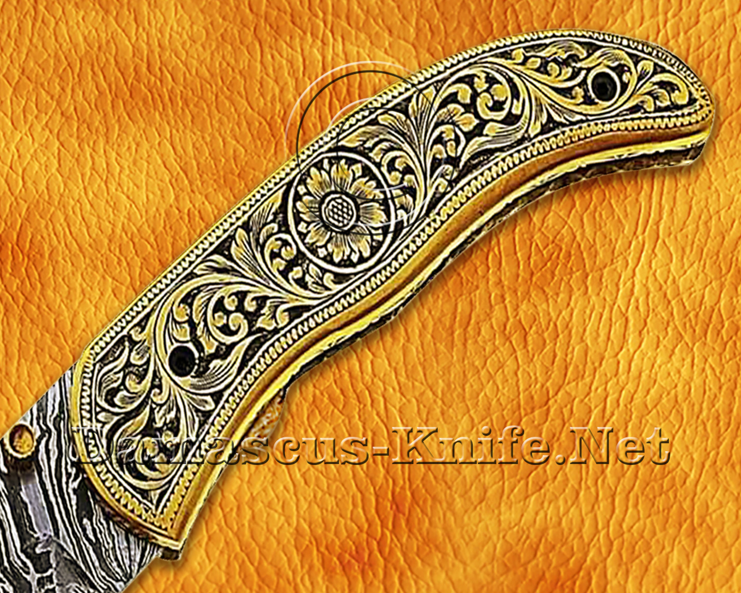 Hand Engraved Damascus Folding Kitchen Knife - Brass Handle FK751
