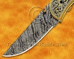 Hand Engraved Damascus Folding Kitchen Knife - Brass Handle FK751