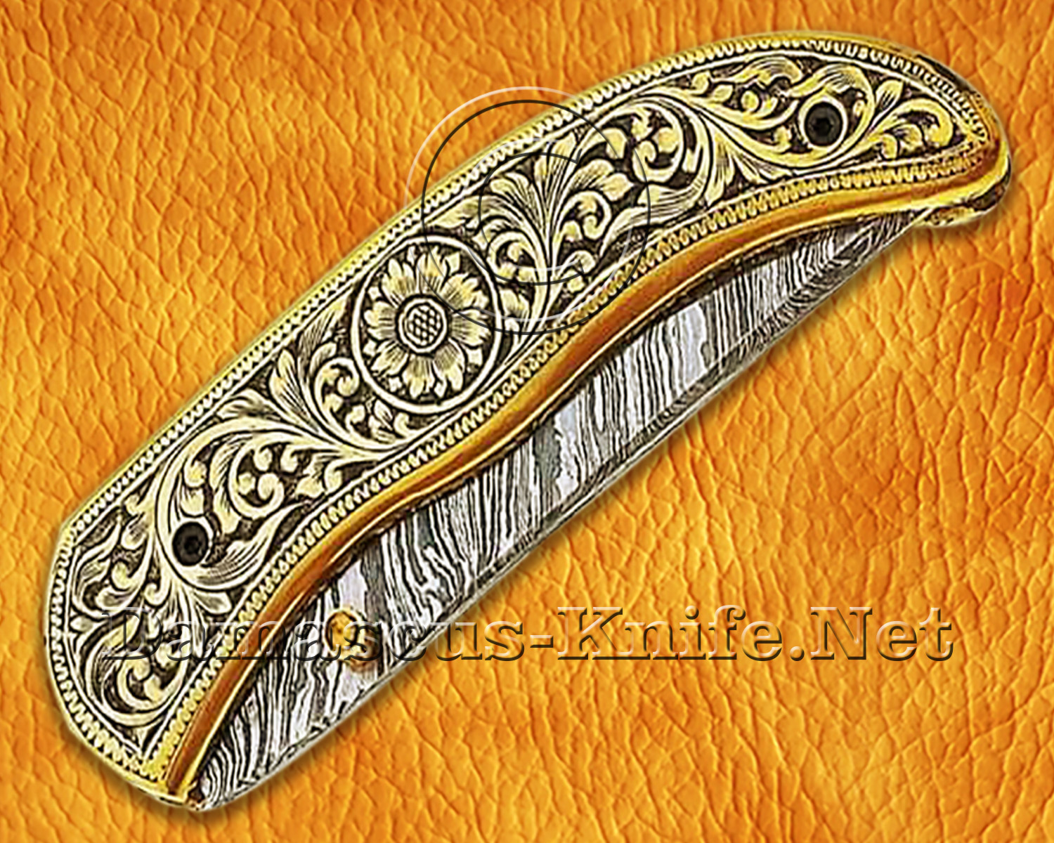 Hand Engraved Damascus Folding Kitchen Knife - Brass Handle FK751