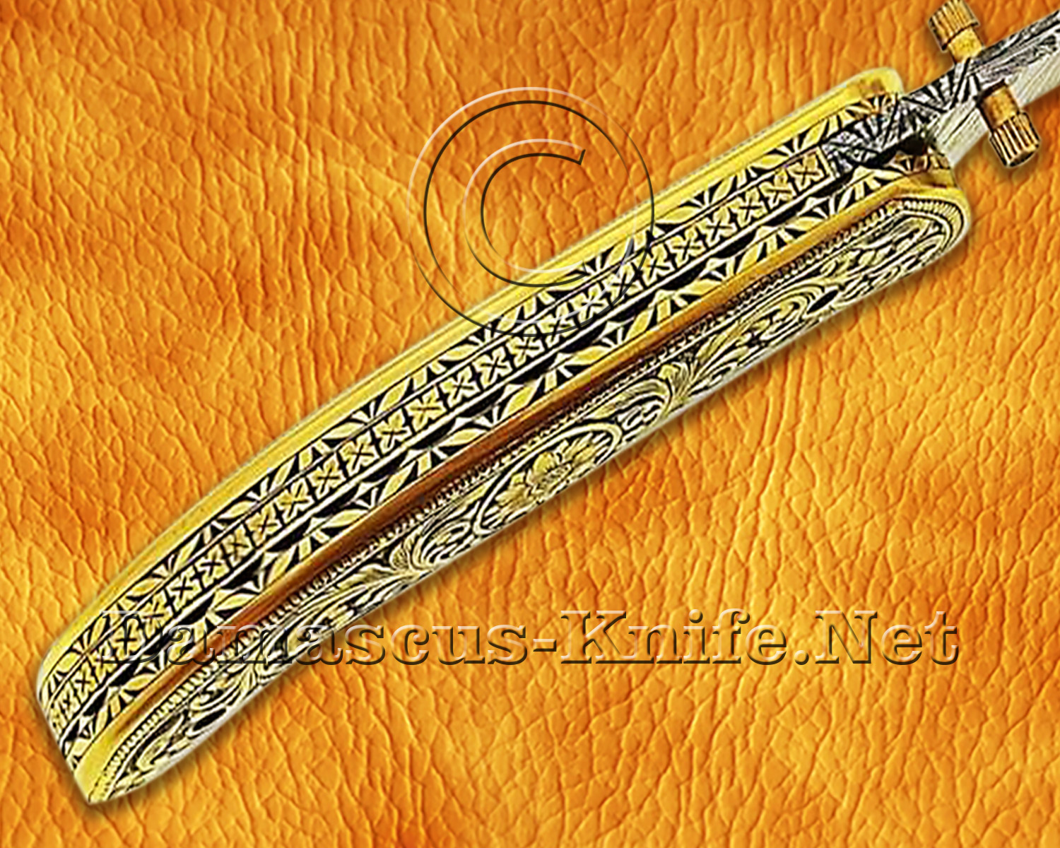 Hand Engraved Damascus Folding Kitchen Knife - Brass Handle FK751