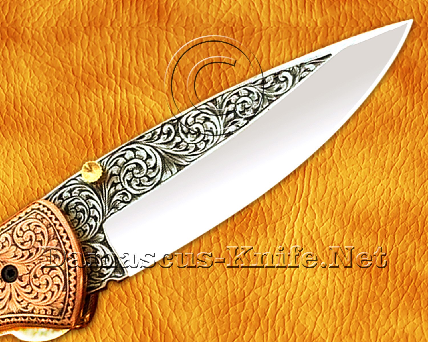 Hand Engraved 12C27 Folding Artisan Tool - Copper Handle - FK752 Hand Engraved 12C27 Folding Artisan Tool - Copper Handle - FK752