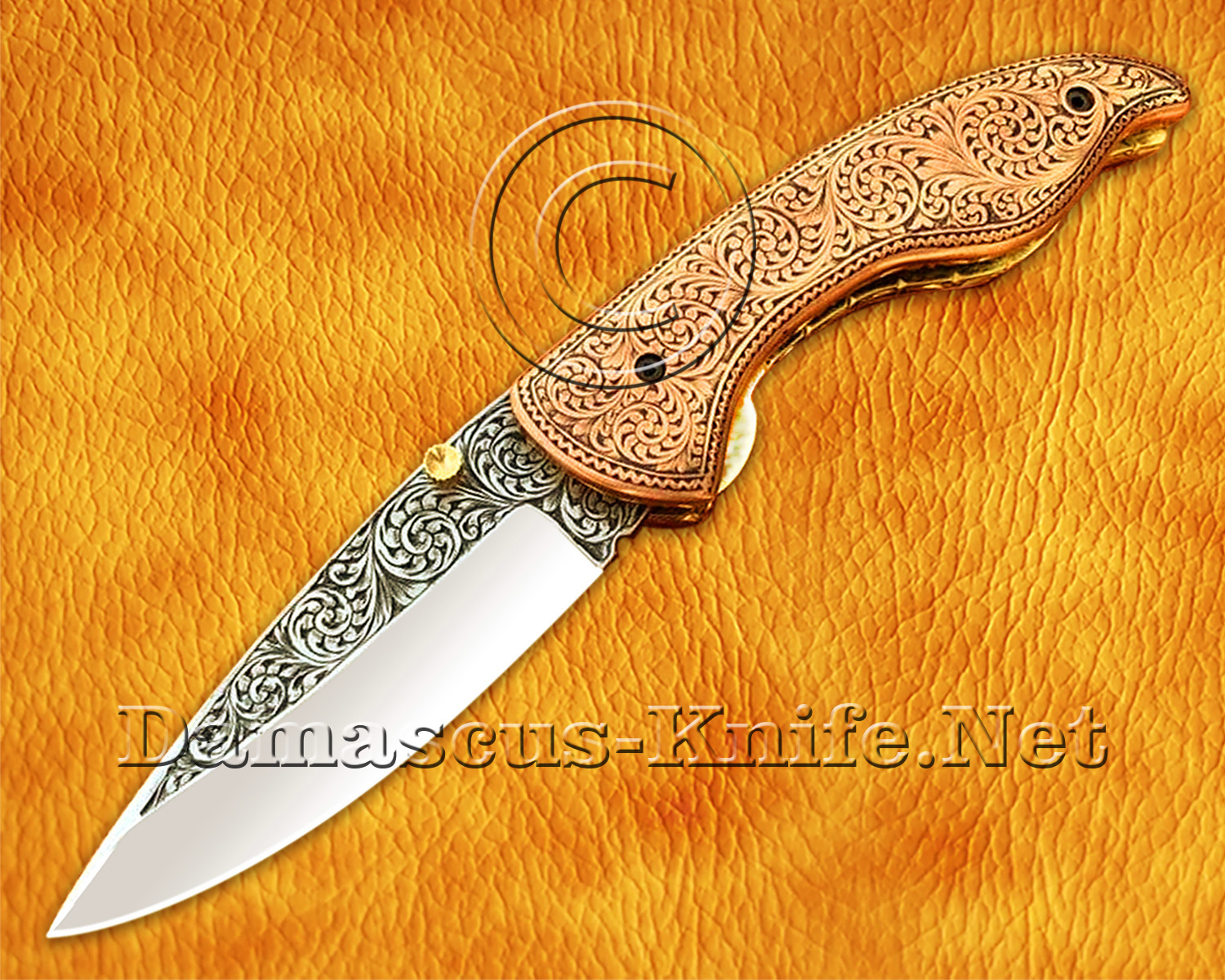 Hand Engraved 12C27 Folding Artisan Tool - Copper Handle - FK752 Hand Engraved 12C27 Folding Artisan Tool - Copper Handle - FK752