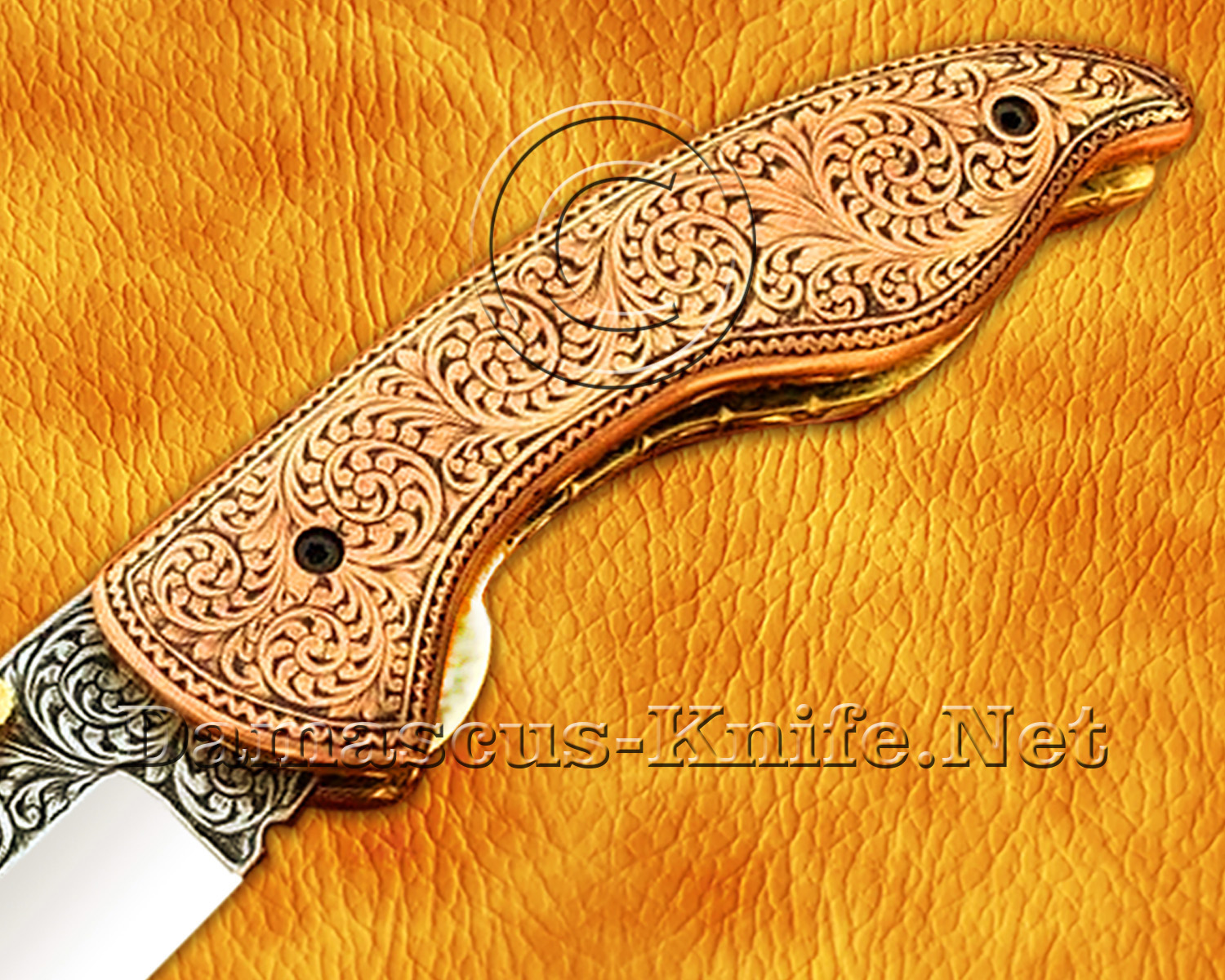 Hand Engraved 12C27 Folding Artisan Tool - Copper Handle - FK752 Hand Engraved 12C27 Folding Artisan Tool - Copper Handle - FK752