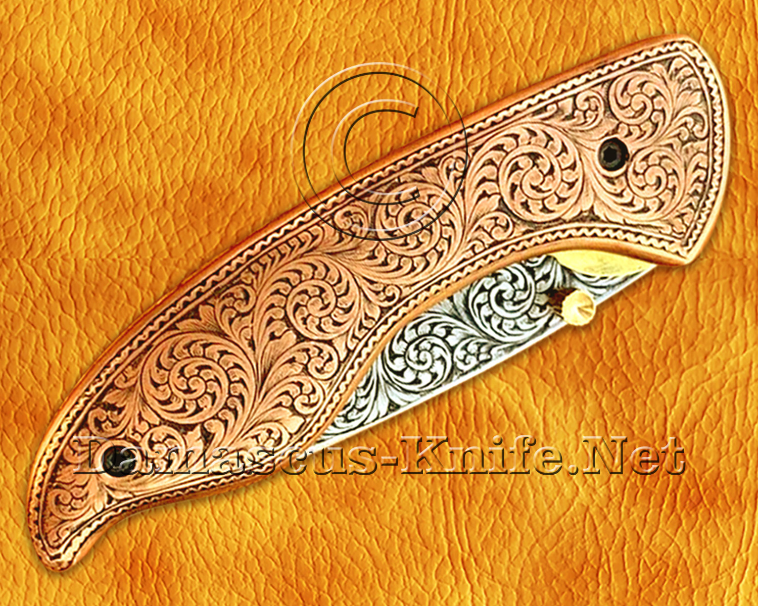 Hand Engraved 12C27 Folding Artisan Tool - Copper Handle - FK752 Hand Engraved 12C27 Folding Artisan Tool - Copper Handle - FK752