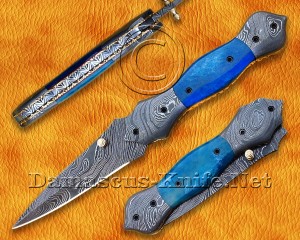 Custom Handmade Damascus Steel Folding Knife - Blue Bone - FK764