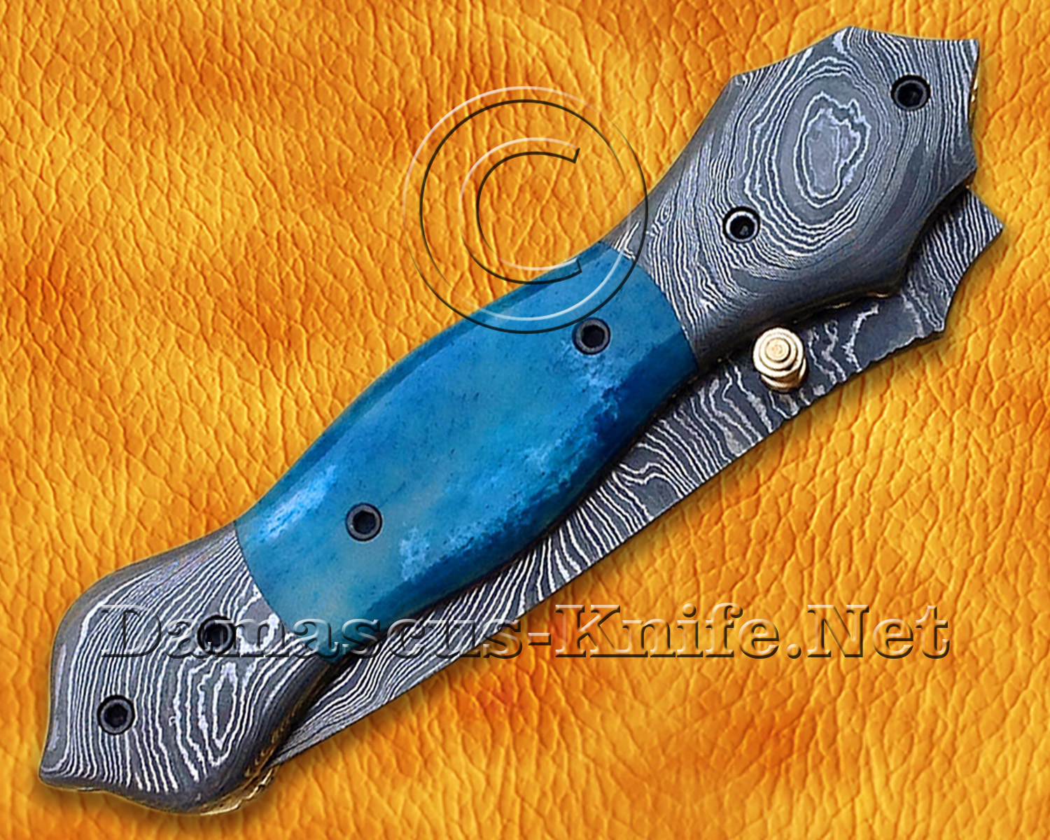 Custom Handmade Damascus Steel Folding Knife - Blue Bone - FK764