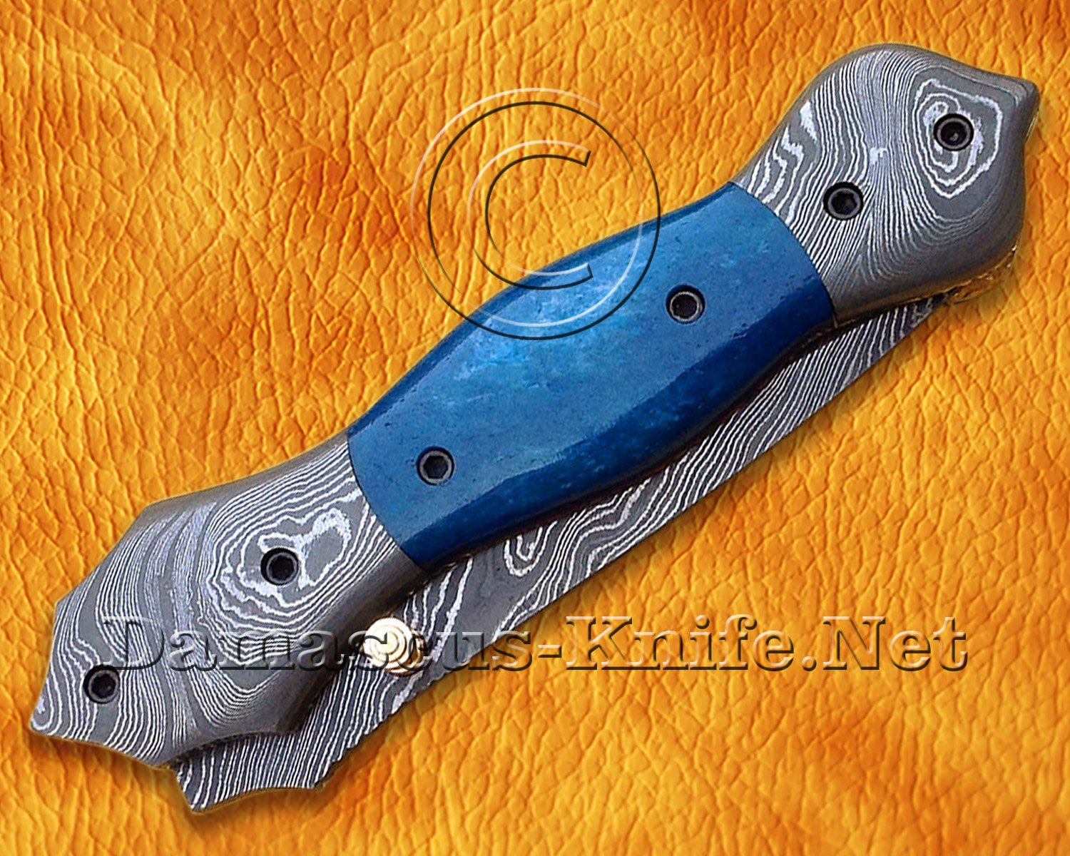 Custom Handmade Damascus Steel Folding Knife - Blue Bone - FK764